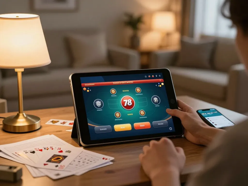 Engaging online poker gameplay on 78win, showcasing a tablet with betting options.