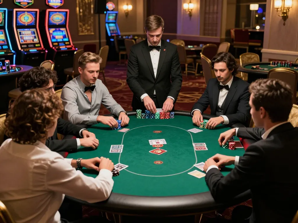 Engaged players at a high-stakes poker game strategizing their moves at 789P casino table.