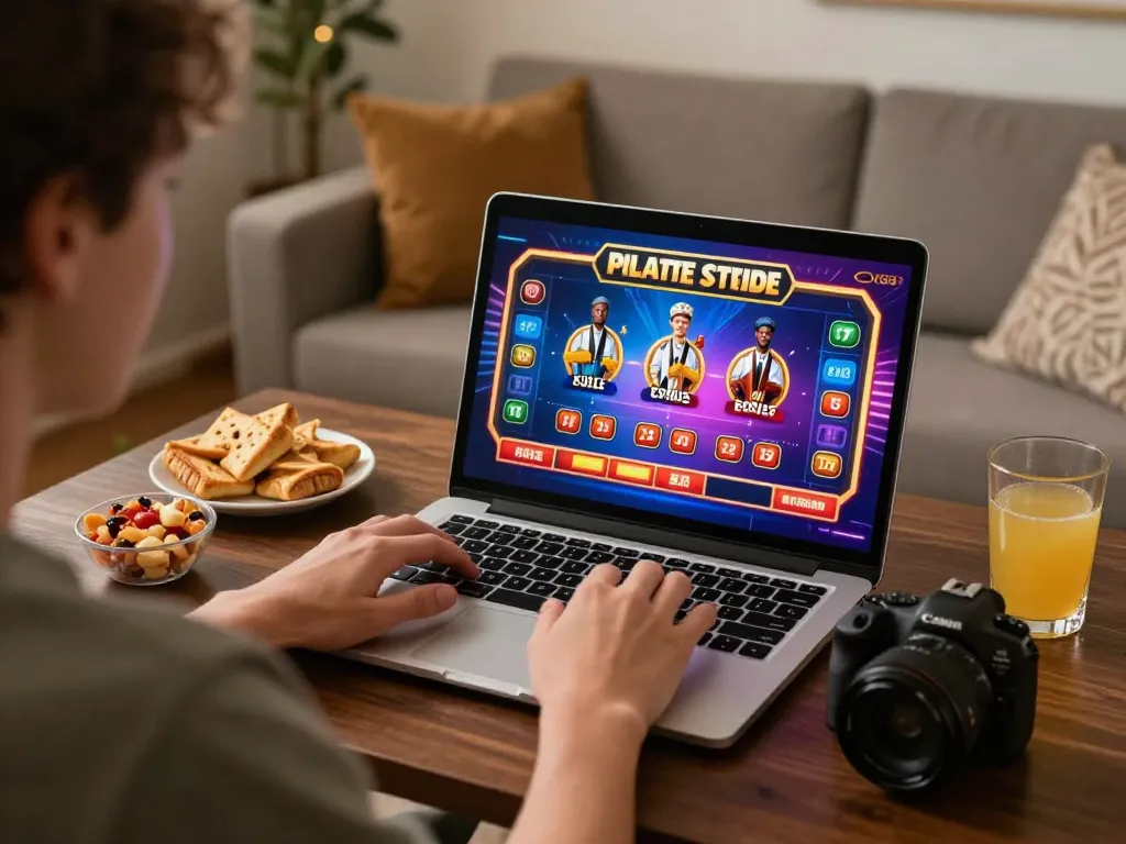 Engaged player enjoying gg88 com online gaming on a laptop, showcasing colorful casino interface in cozy home setting.