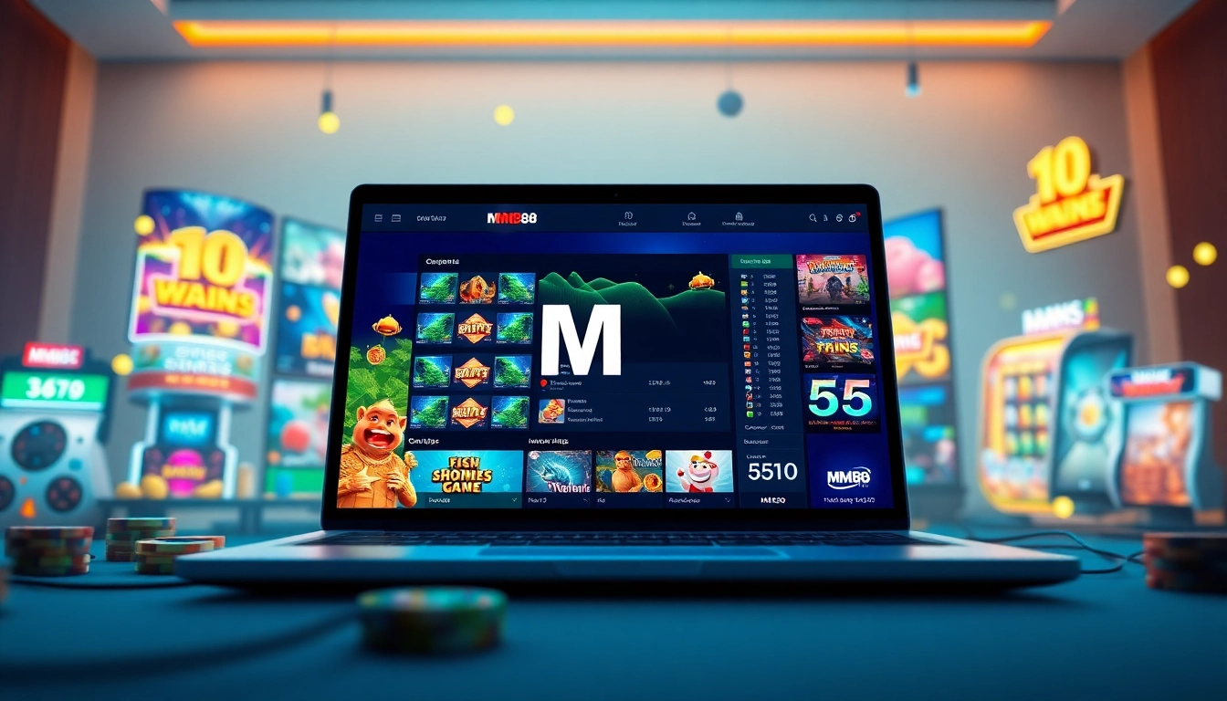 MM88 online gaming interface showcasing exciting slots and fish shooting games in a vibrant, engaging setting.