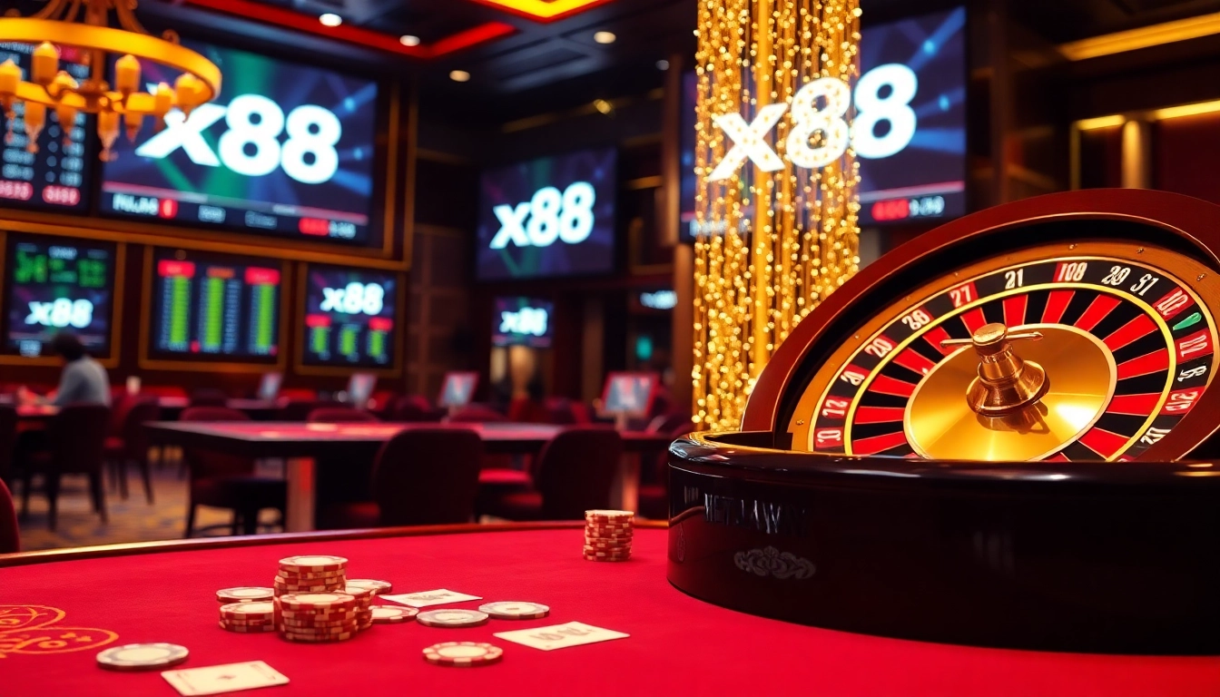 X88 logo on elegant casino table with poker chips and live betting odds display.