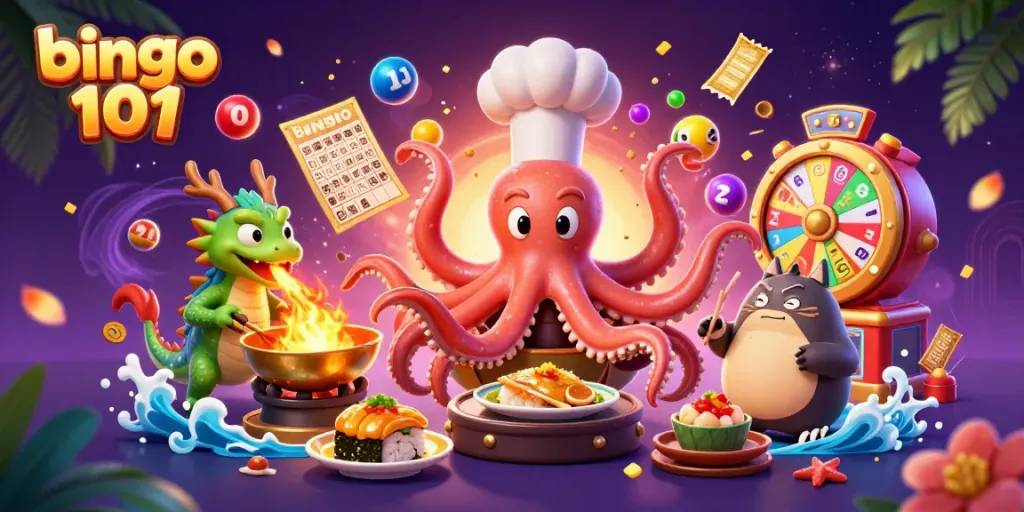 Experience bingo 101 excitement with vibrant gameplay elements and colorful characters in this dynamic illustration.