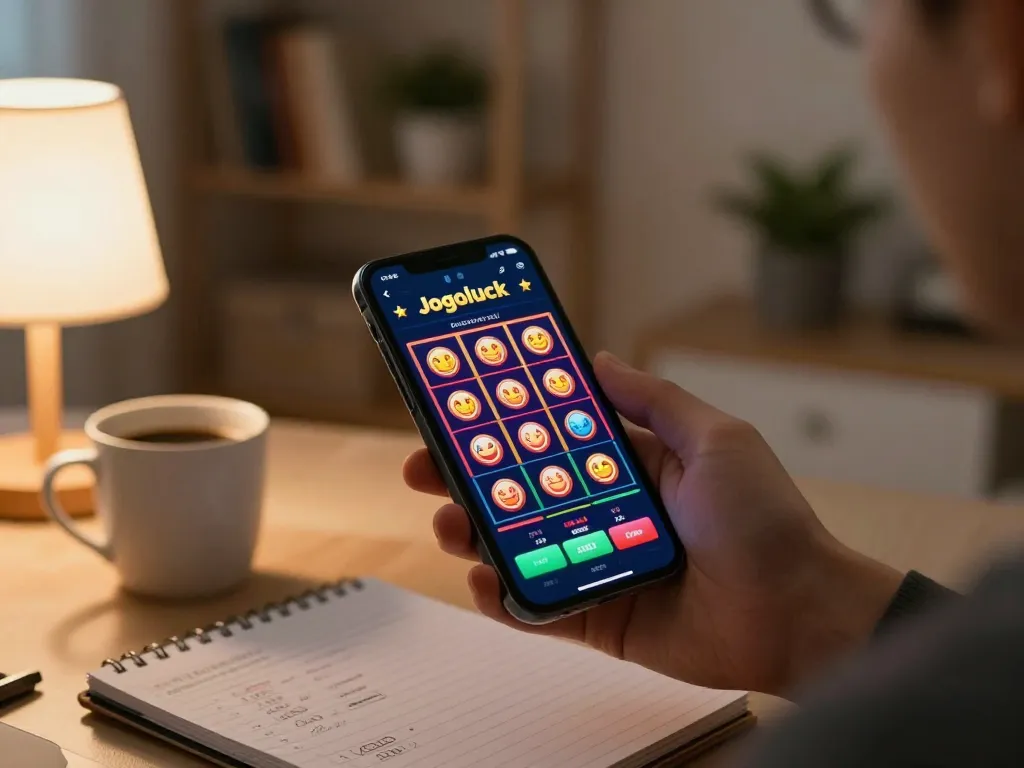 Player interacting with the Jogoluck app on a smartphone in a cozy home setting, showcasing engaging online gaming.