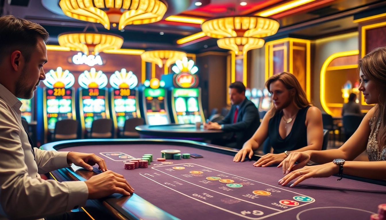 Daga players enjoying an exciting blackjack game at a luxurious casino table, surrounded by vibrant poker chips.