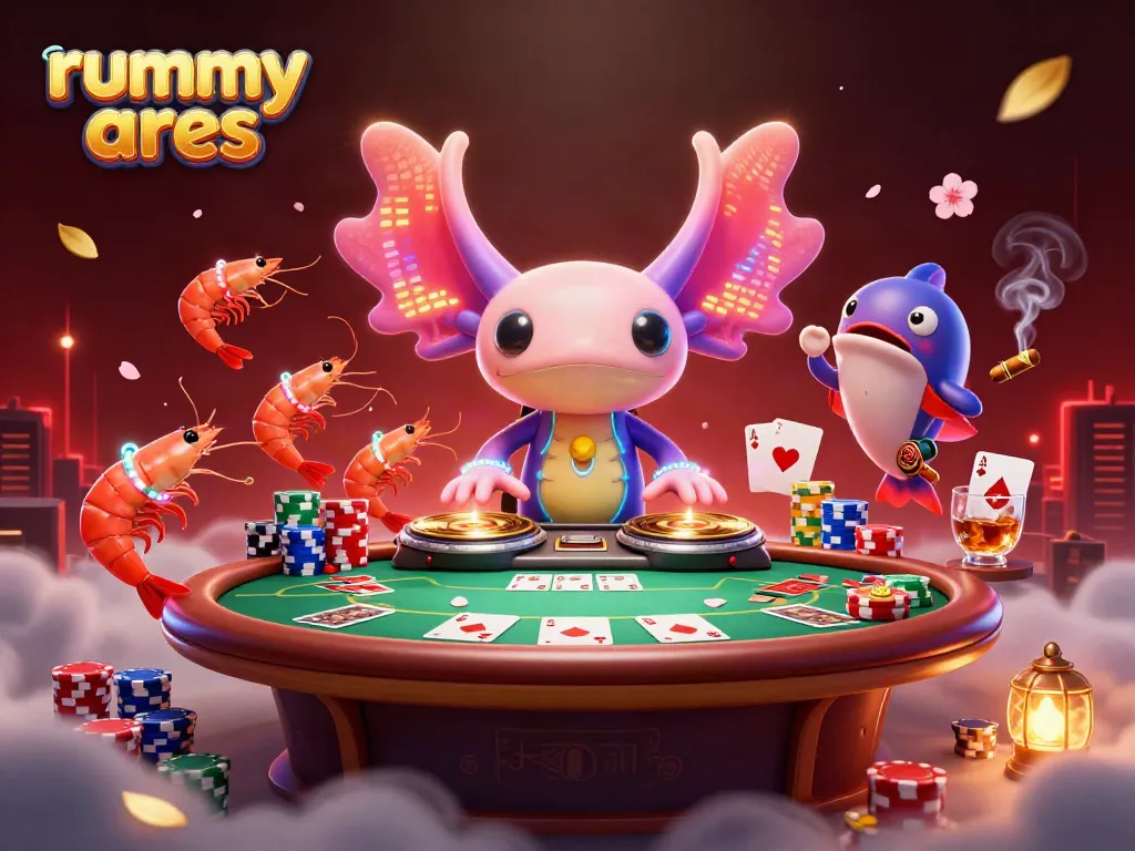 Rummy Ares showcases dynamic 3D action with a neon axolotl DJ at a rummy game.