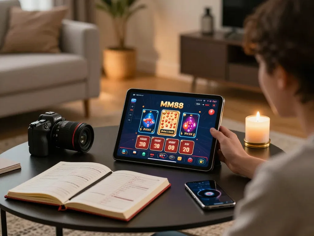Engaging with the MM88 casino app on a tablet, showcasing strategic gameplay in a cozy home environment