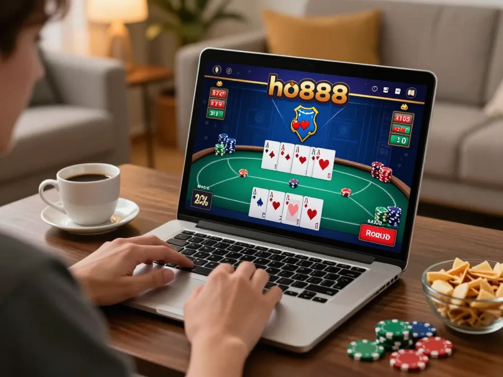 Player enjoying poker online at ho88, surrounded by a cozy living room ambiance.