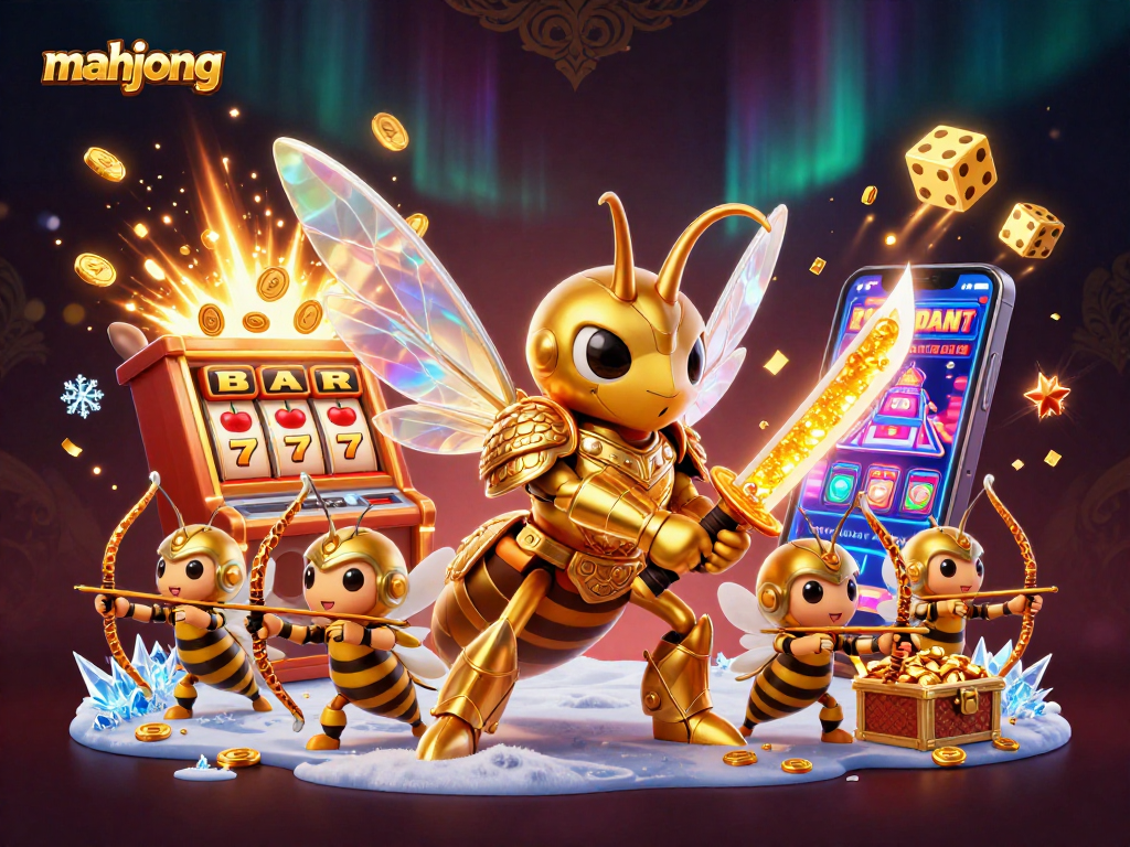 Experience exciting mahjong gameplay with a vibrant 3D illustration of action-filled slots and characters.