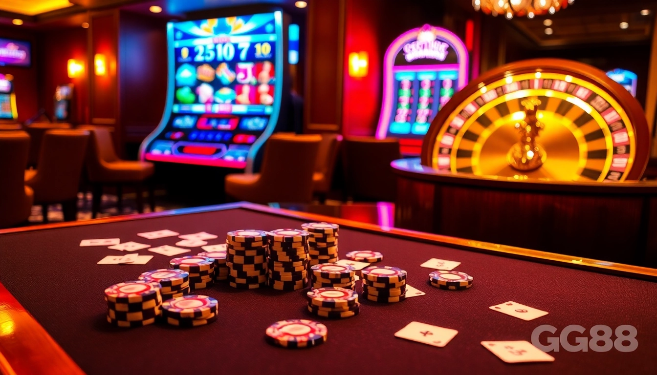 Experience thrilling gameplay at GG88's vibrant casino table surrounded by excitement.