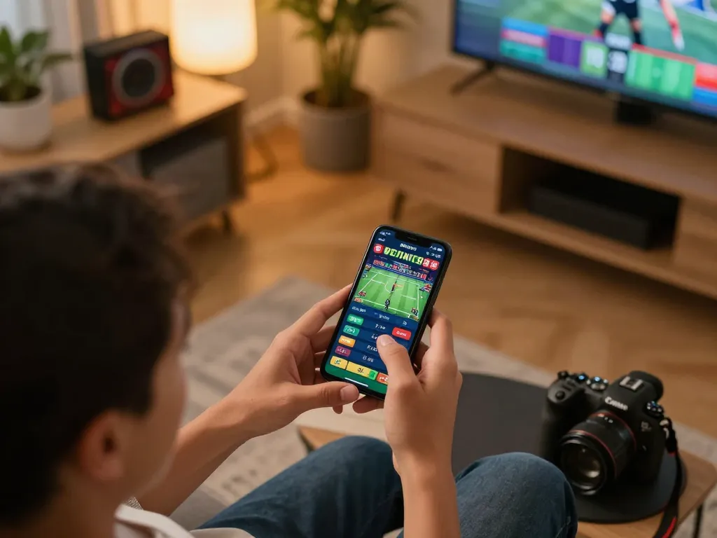 Engaging user betting on sports via https://webnk88.net/ in a cozy living room setup, showcasing the excitement of online gambling.