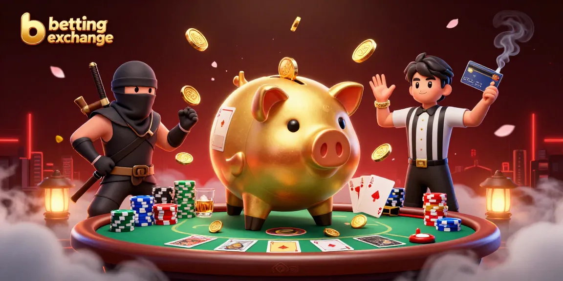 Action-packed scene of betting exchange with a sumo piggy bank, ninja wallet, and samurai referee.