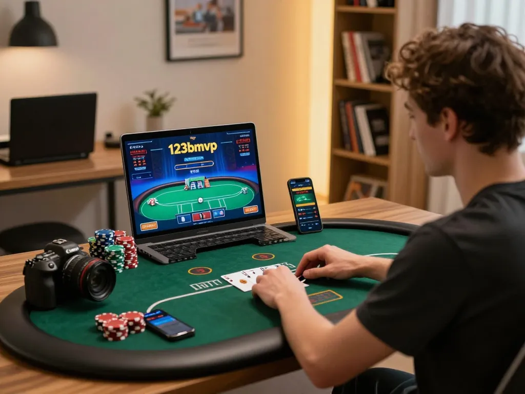 Engaged player enjoying online poker at home, showcasing 123bmvp's gaming features and responsible gambling.