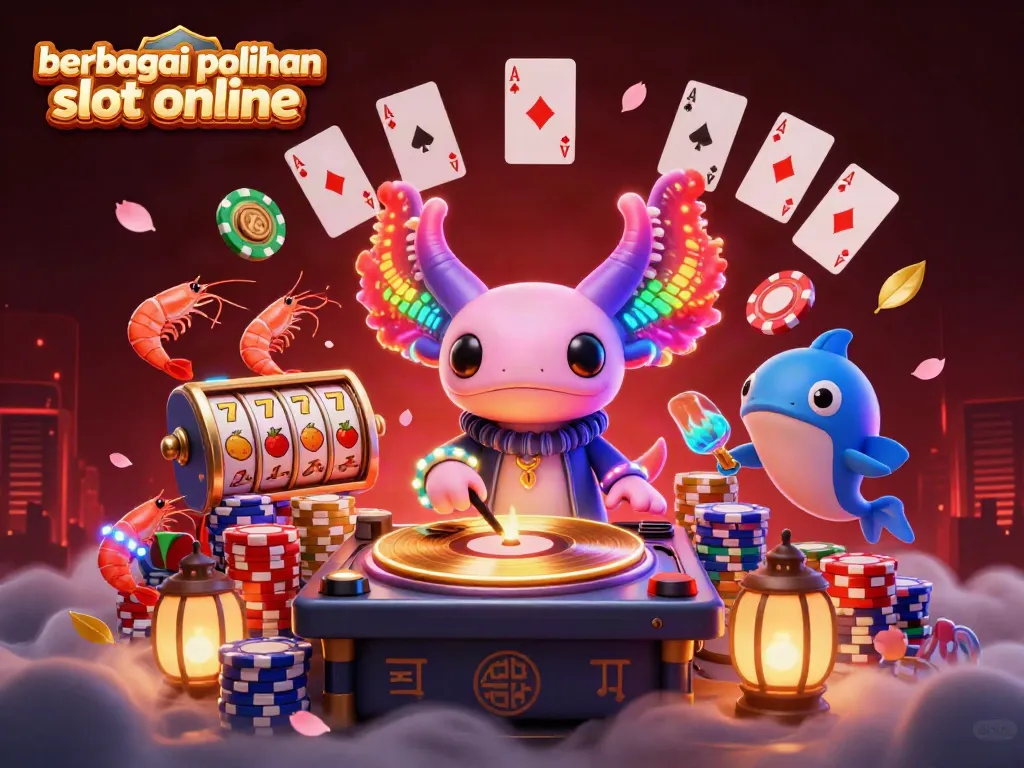 Gambarkan berbagai pilihan slot online yang menarik dengan DJ axolotl neon di bawah laut