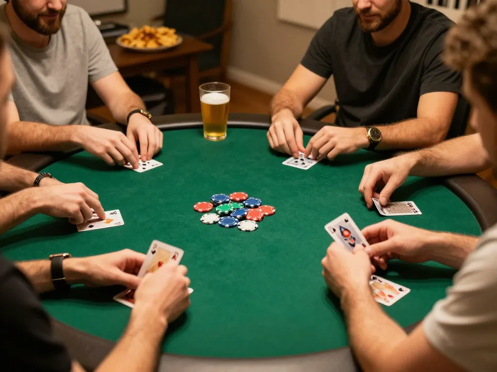 Engaging home poker game night showing players discussing strategies and placing bets while enjoying snacks