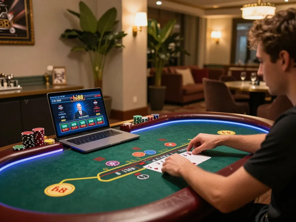 Player engaging in blackjack on hi88 online casino platform, showcasing excitement and focus.