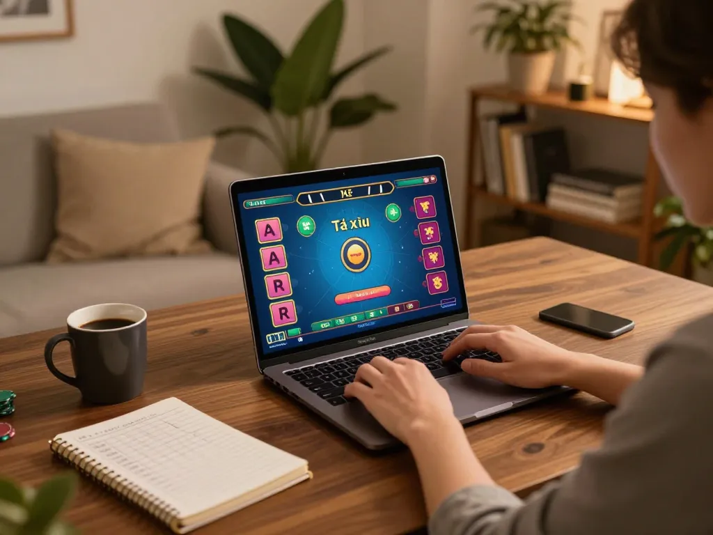 Tài xỉu online gameplay on a laptop in a cozy home setting with strategic notes.