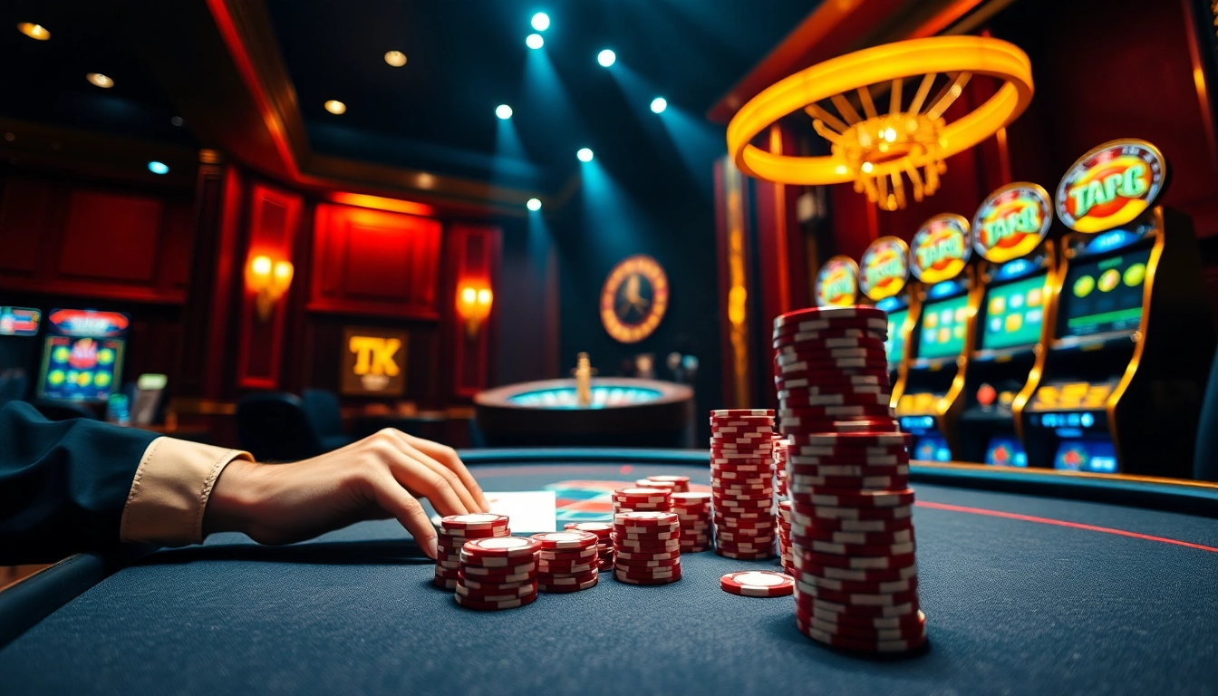 tk88 engaging players in a high-stakes poker game with vibrant casino visuals and luxury elements.