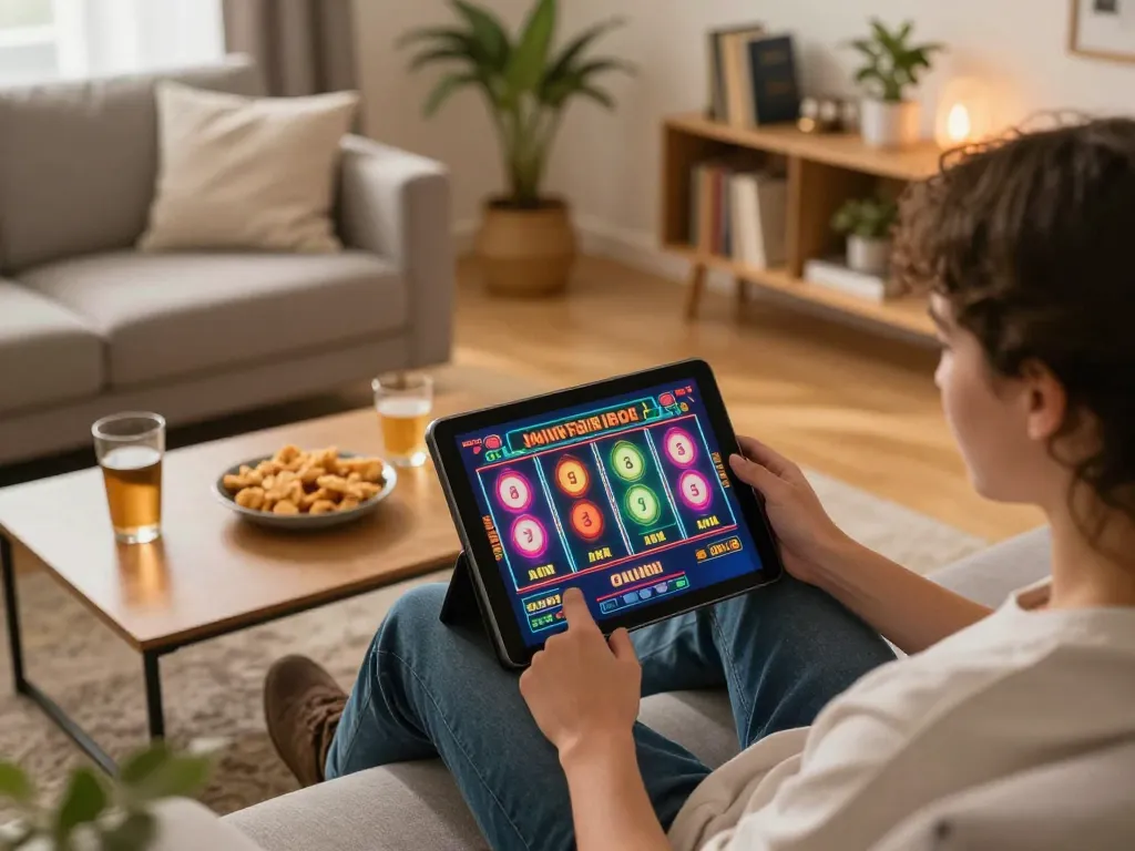 Exciting online gaming moment at home using tr88 slots, dynamic gameplay on tablet with colorful reels.