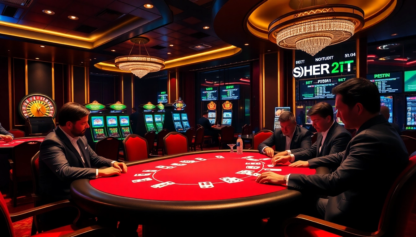 Experience thrilling gameplay at SHBET, featuring a stylish poker table and vibrant casino atmosphere.