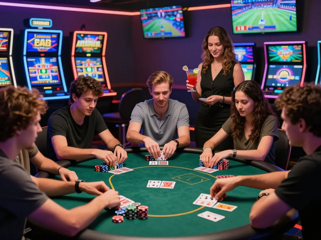 Friends enjoying thrilling game of winstrike69 at lively online casino, vibrant atmosphere with poker table and slot machines.