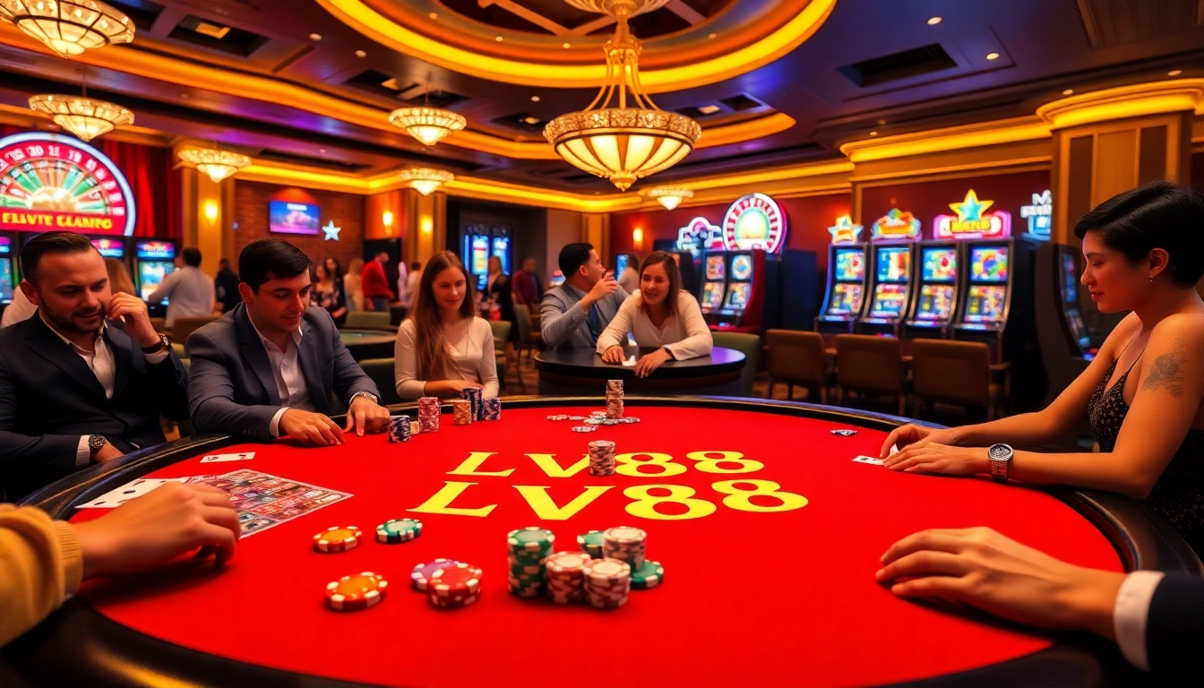 Experience the thrill of gambling at https://lv88.ltd/ with exciting casino elements like poker chips and cards.