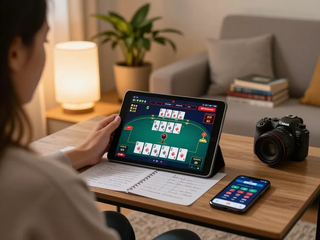 Engage with god55 through online poker on a tablet in a cozy home setting, emphasizing responsible gaming.