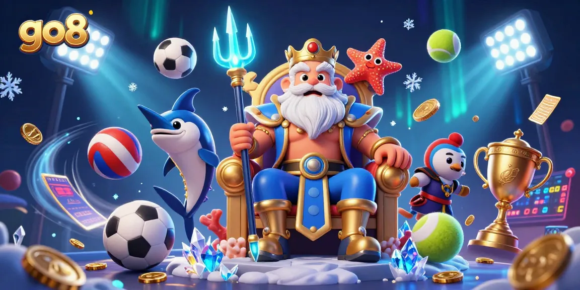 Experience the thrill of go8 online gaming illustrated with Neptune and dynamic sports elements.