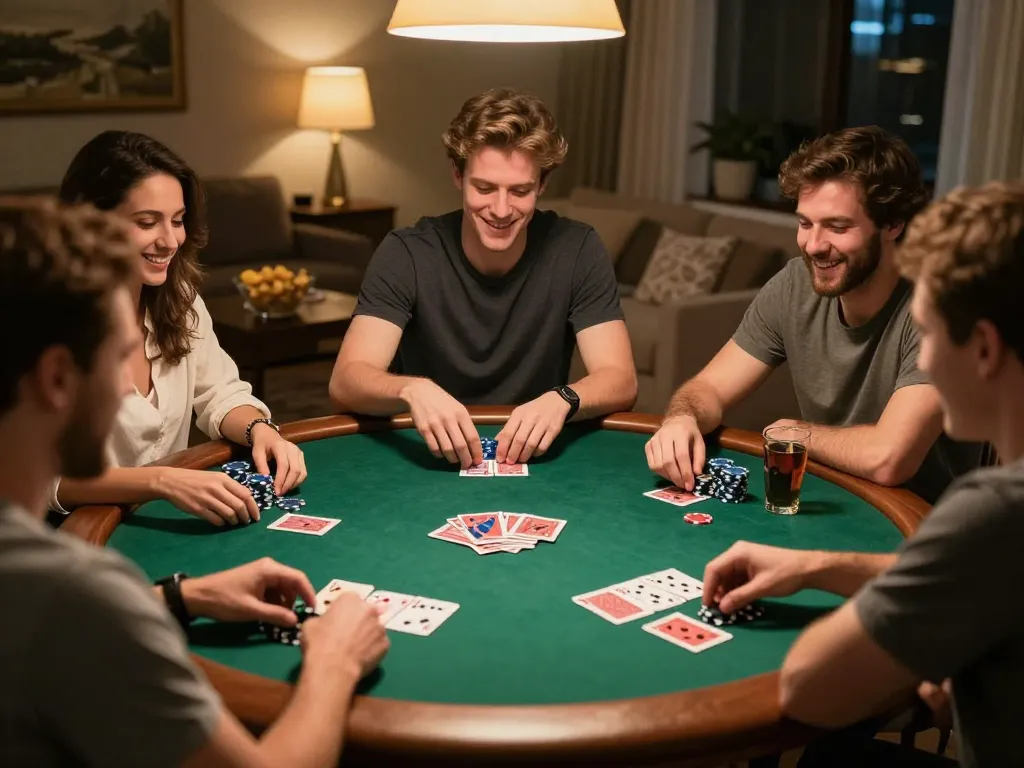 Friends enjoying a poker night while discussing dinamit4d strategies and gameplay moments.