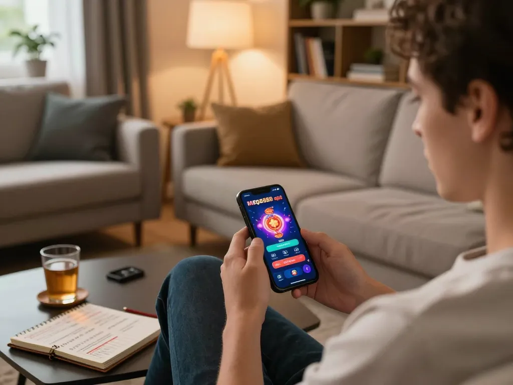 Engaging in mobile gaming with mega888 apk on smartphone in a cozy living room, surrounded by strategic notes.