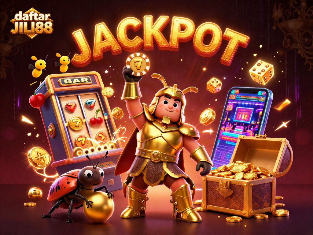 daftar JILI88 showcases an epic casino scene with vibrant characters and jackpot elements bursting with excitement.