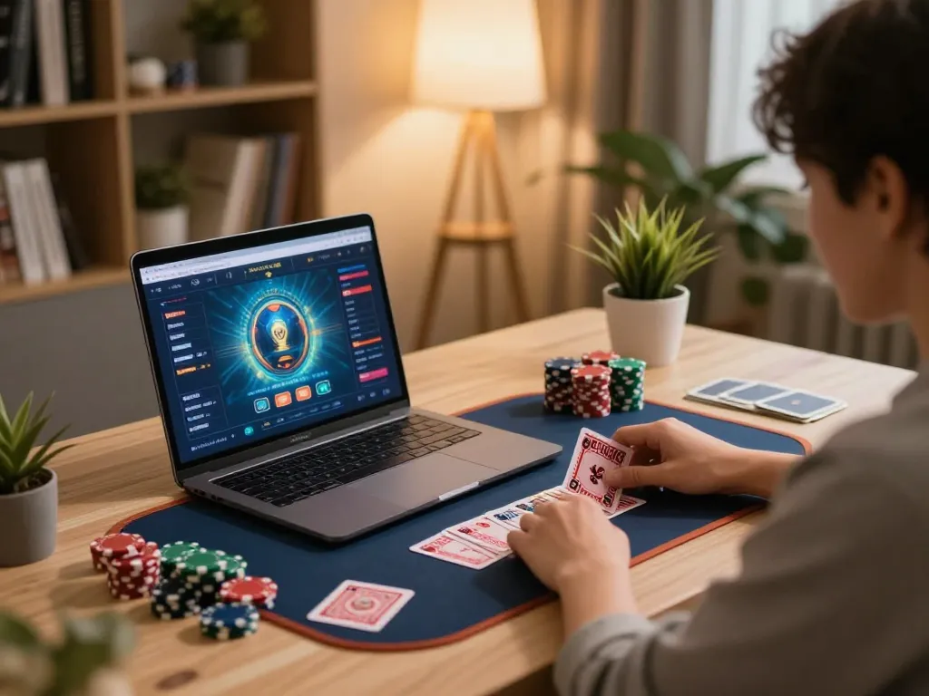 Engaged player using pfly88 to manage online poker strategies at home setup