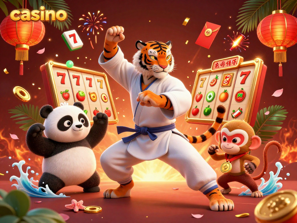 Engaging 3D scene at a casino with a kung fu tiger master and playful characters amidst slot machines and vibrant decorations.