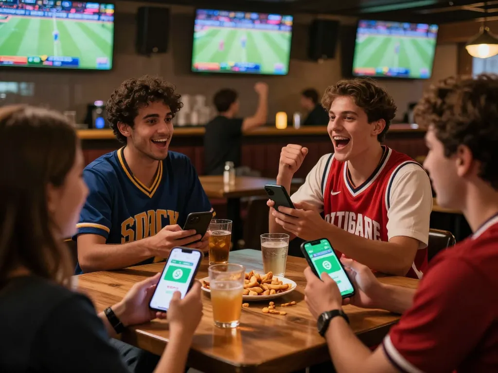Friends placing bets on soc88 app while enjoying a live game in a vibrant sports bar.