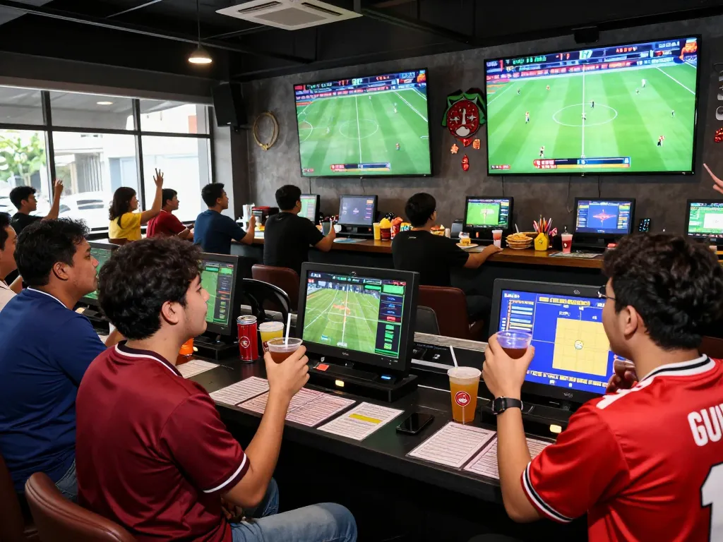 Exciting Judi Bola betting scene with friends cheering at a sportsbook