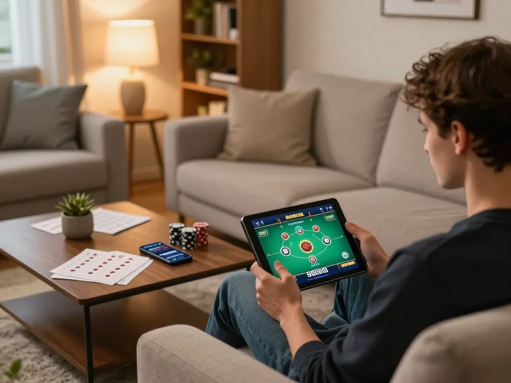 Engaging scene of 11-hd user enjoying online poker on a tablet in a cozy living room.