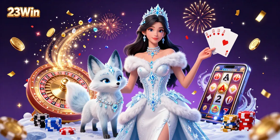 Experience the thrill of winning at 23Win with a glamorous winter casino scene featuring dynamic gaming elements.