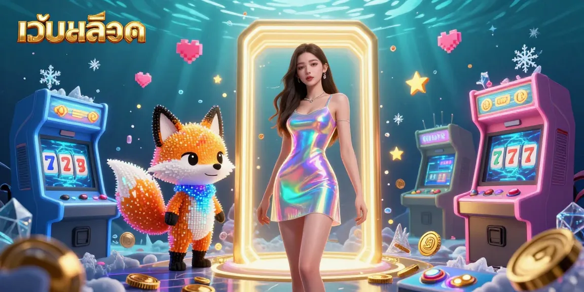 Experience เว็บสล็อต in a vibrant 3D casino scene featuring colorful characters and dynamic game elements.
