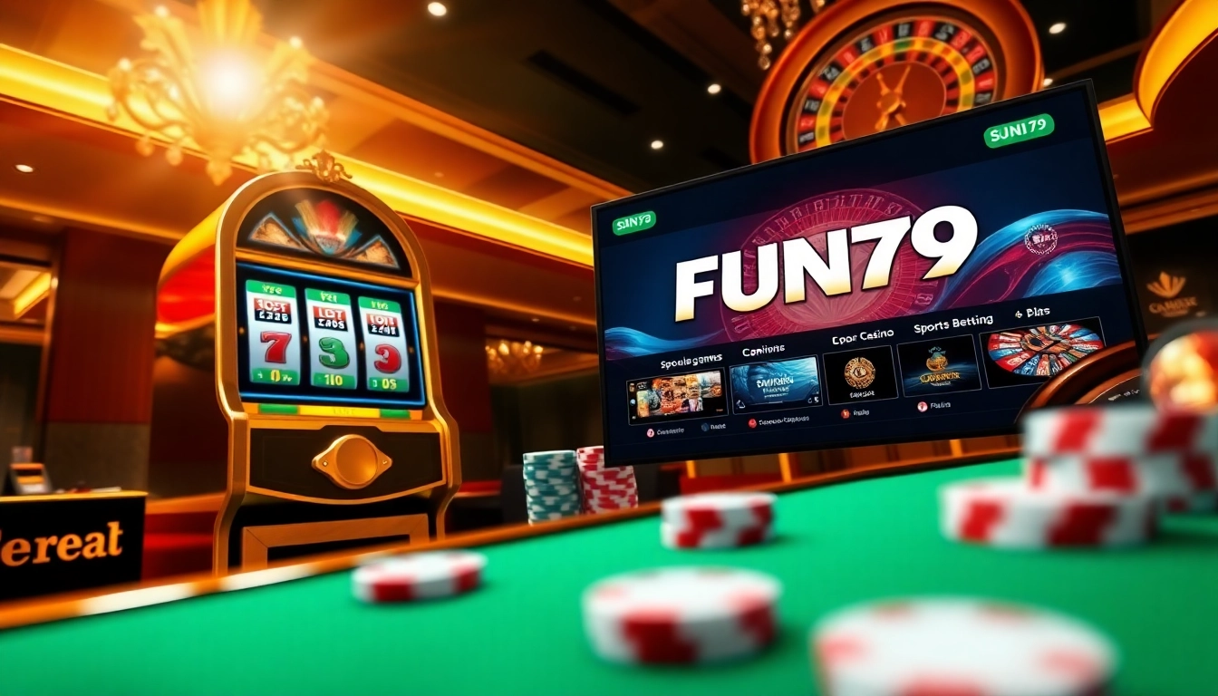 A vibrant scene at trang chủ fun79 showcasing luxury casino elements like poker chips and a roulette wheel.