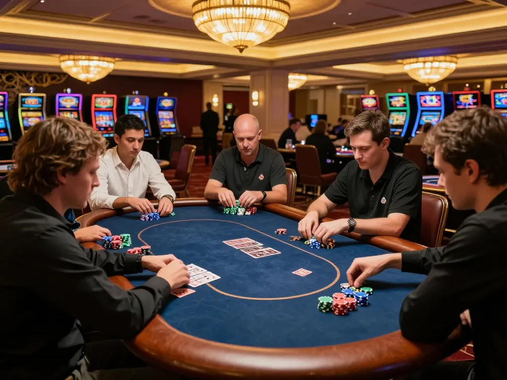 Experience thrilling gameplay at bk8 poker tables amidst vibrant casino atmosphere