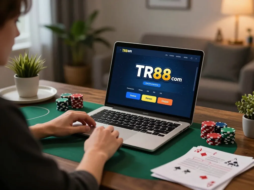 Engaging in online poker gameplay on TR88 com with cozy home setup and strategy notes