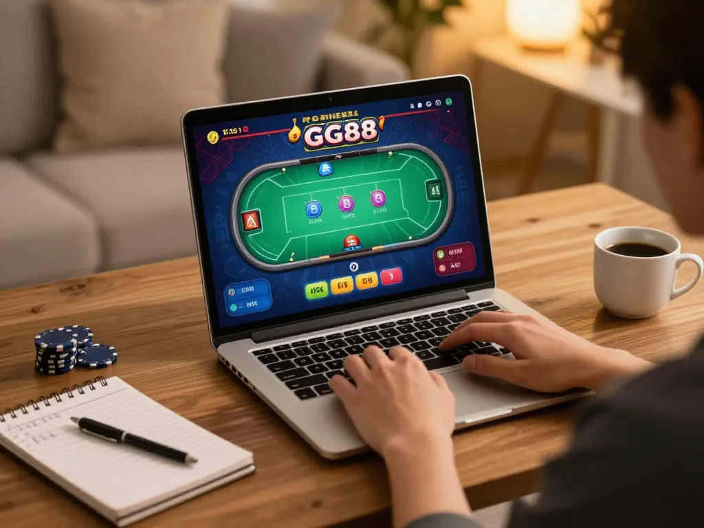 Engaging gameplay on GG88 casino app, showcasing vibrant poker table and strategy notes in cozy home
