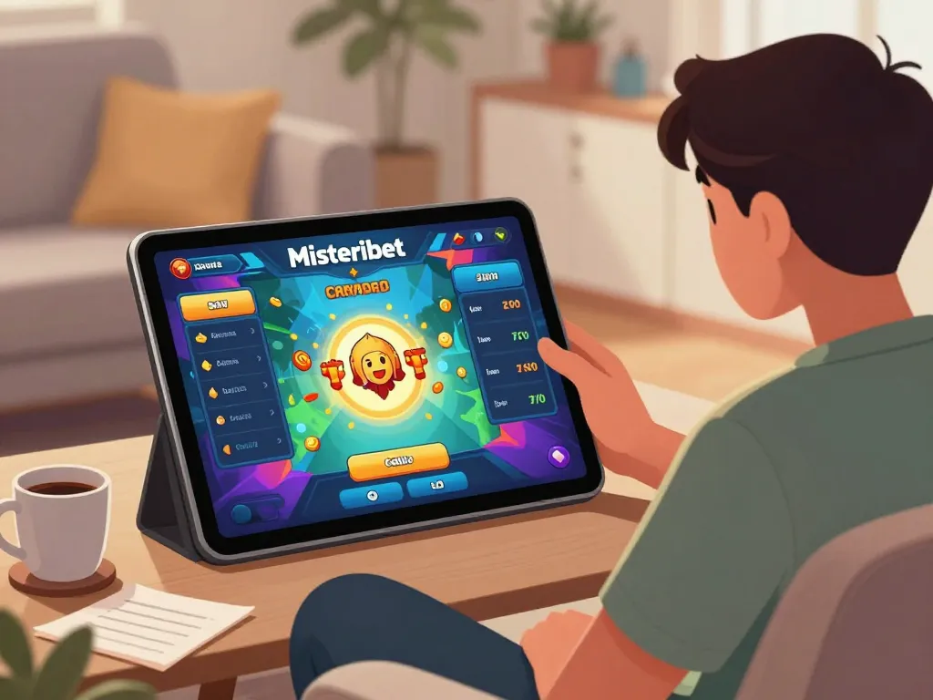 Misteribet player engaged in online gaming on a tablet, surrounded by betting notes and a cozy environment