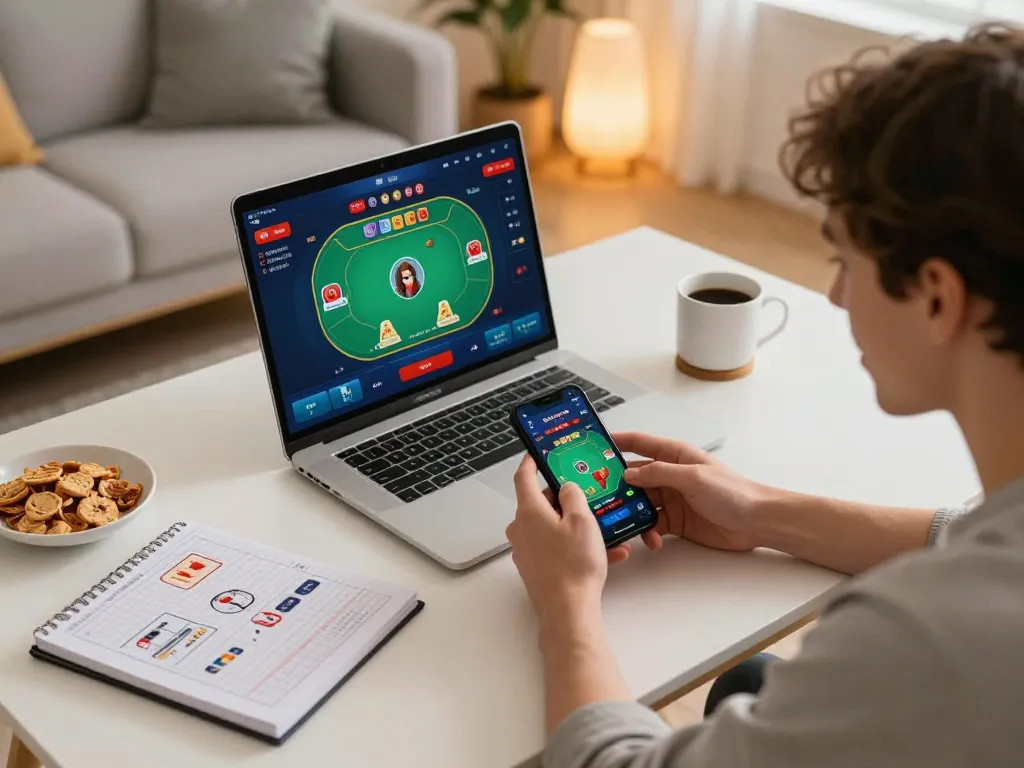 Engaging with https://f168.sarl/ on a smartphone for poker gameplay in a cozy living room.
