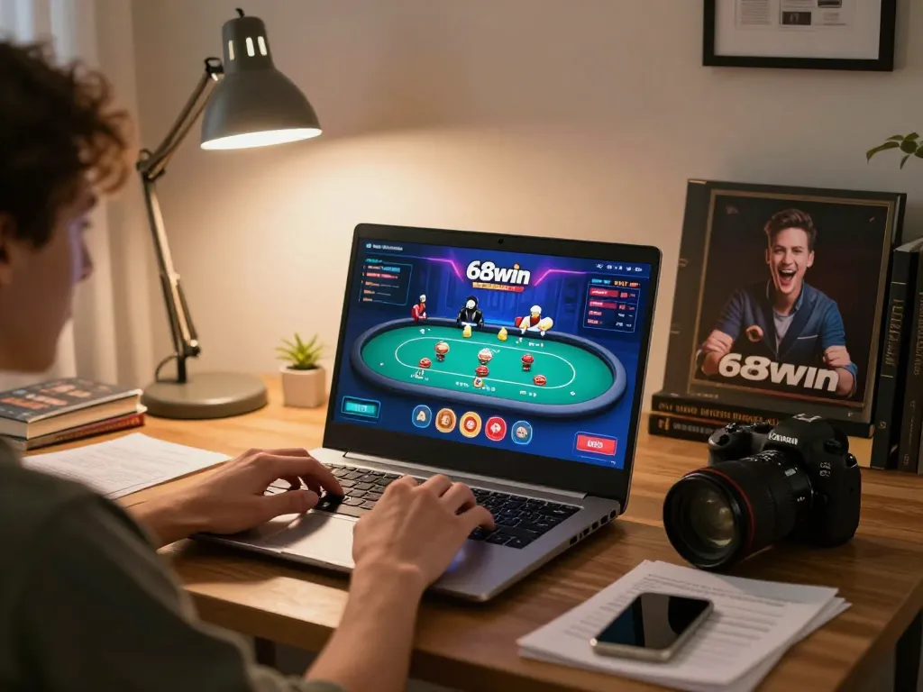 Player engaging with 68win online casino games on a laptop, showcasing a vibrant poker interface.