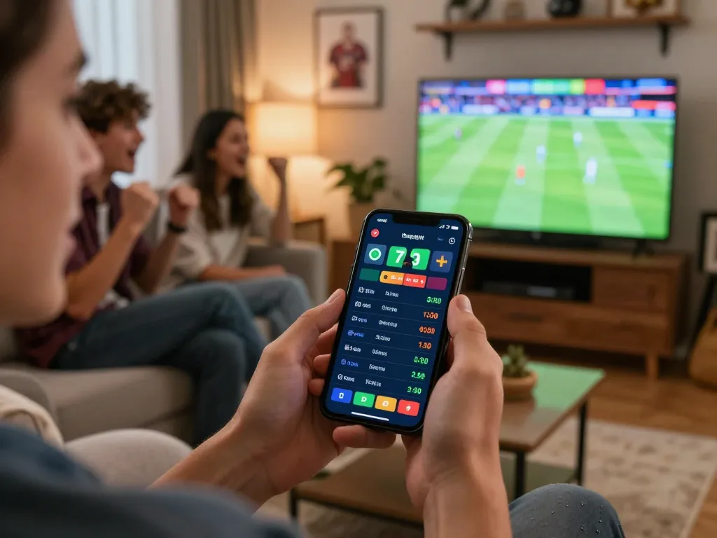 Person placing bets on the 8live sports betting app in a lively home setting.