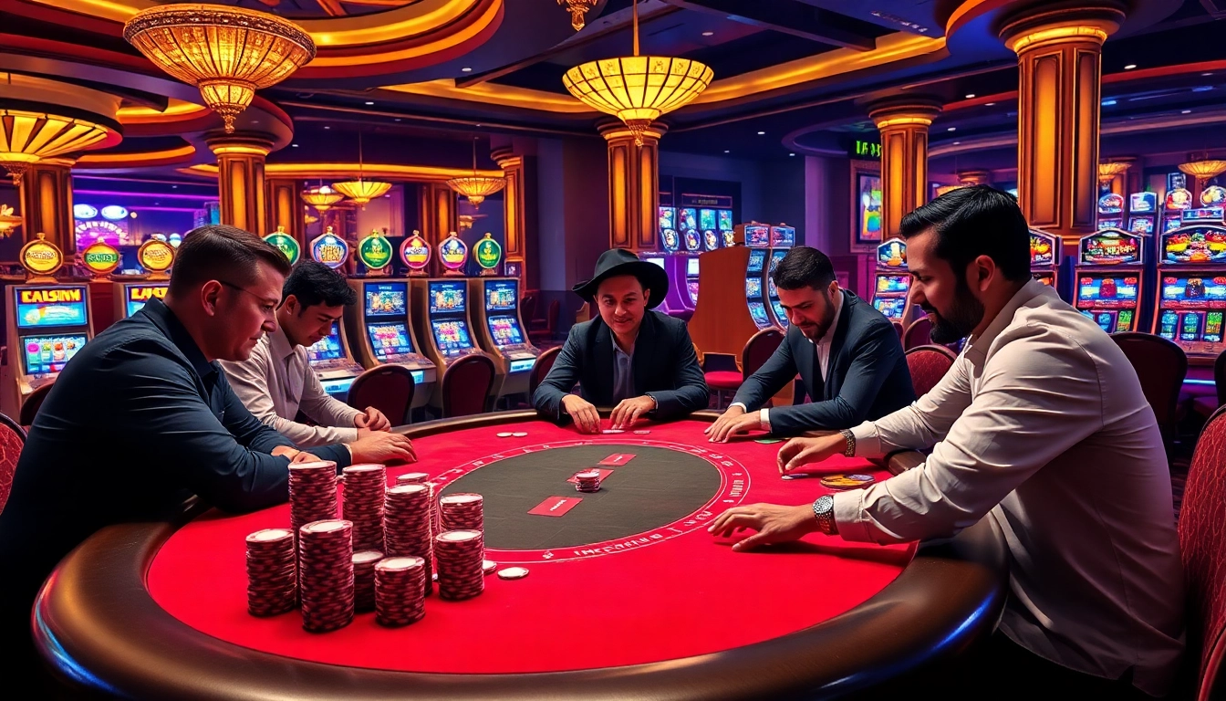 Players enjoy an intense poker game at DF999 casino, showcasing vibrant chips and atmospheric lighting.