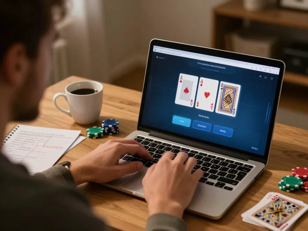 Engaging online poker gameplay on MM99, showing a player on laptop with strategic cards visible