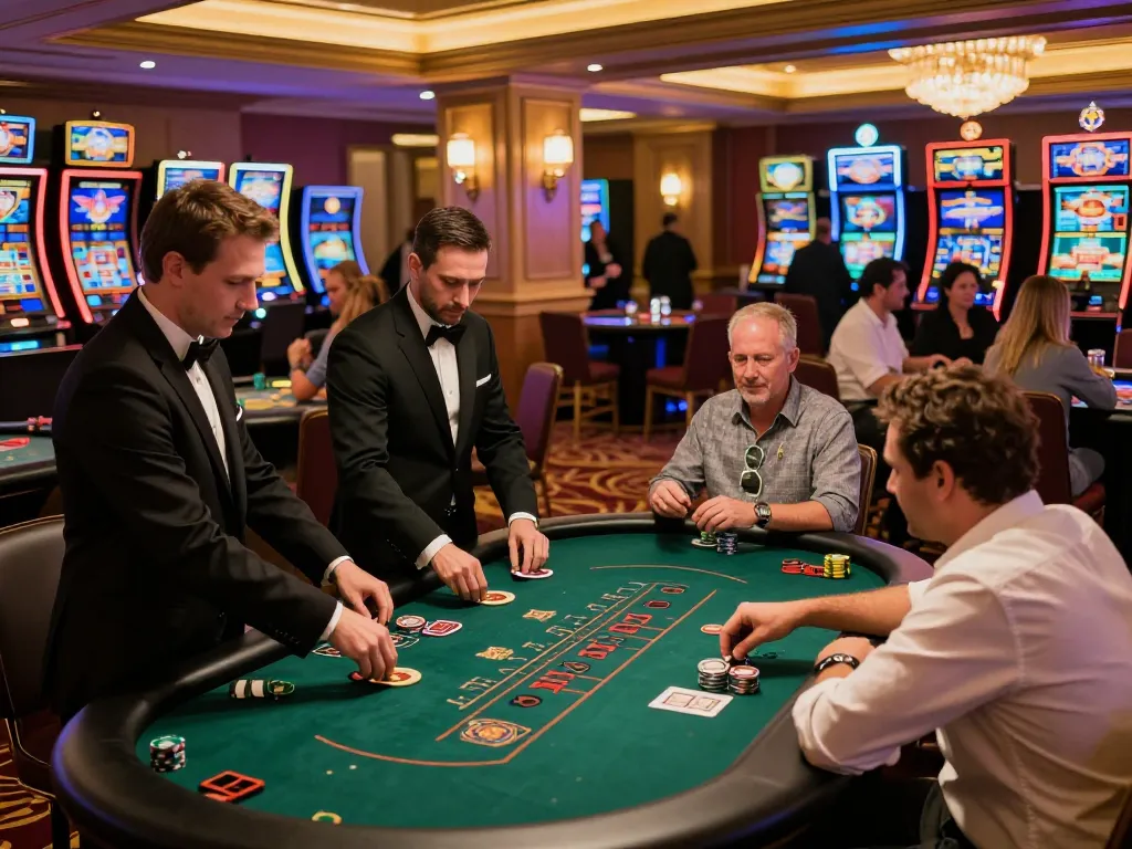 KJC players strategizing at a blackjack table in a vibrant casino