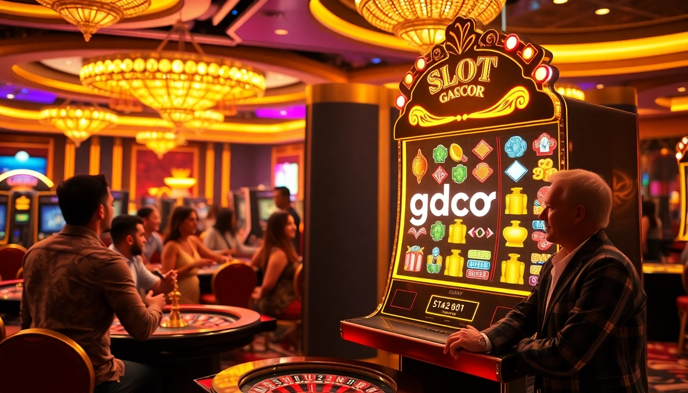 Engaged players celebrating a jackpot win on a vibrant slot gacor machine in a luxurious casino.