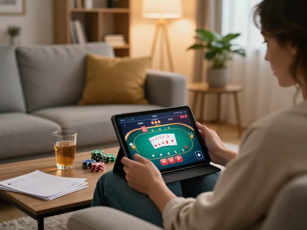 Person playing online casino poker on tablet at home, showcasing strategic gaming with JUN88.